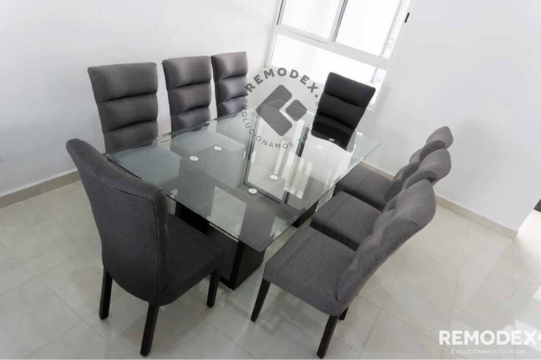 COMEDOR 8P SILLAS LINEAS/MESA FLOR CRISTAL