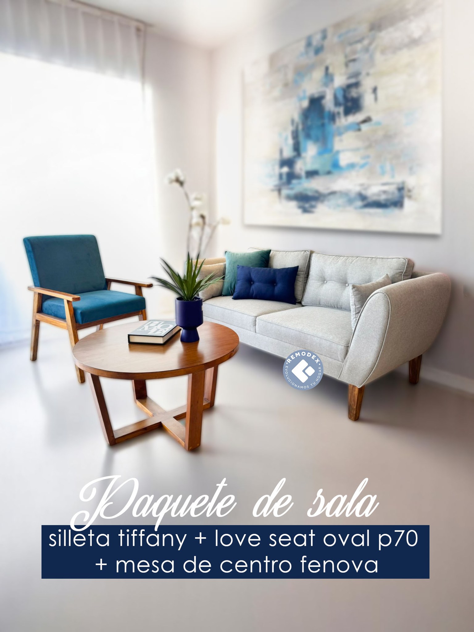 EXISTENCIA PAQUETE LOVE SEAT OVAL P70 + SILLETA TIFFANY +MESA GENOVA (LINO GRABADO FOG + LISSE NAVY)