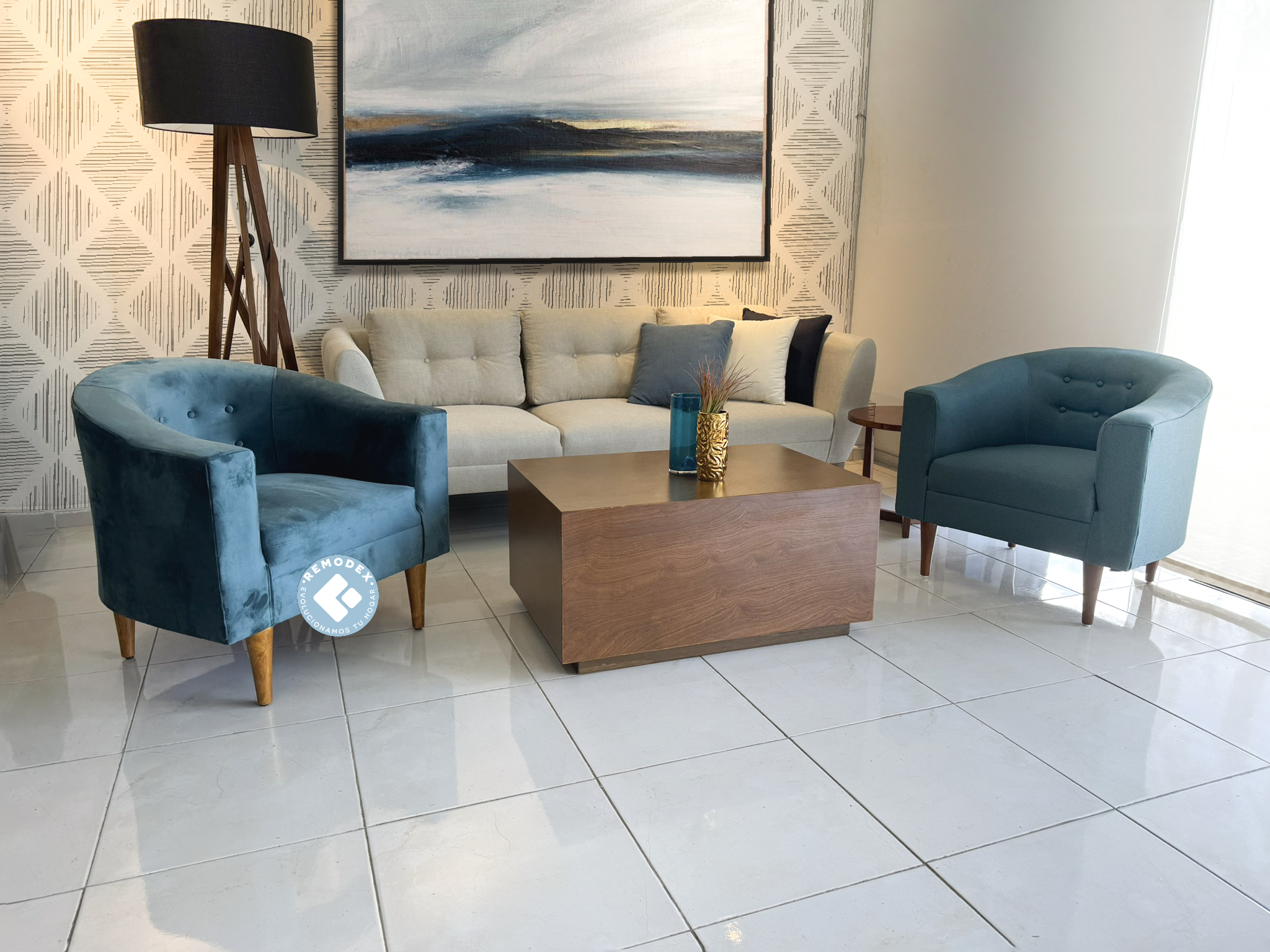 PAQUETE 2 SILLETAS CH / SOFÁ OVAL (PISSA BEIGE/TERCIOPELO BALI/PISSA OCEAN)