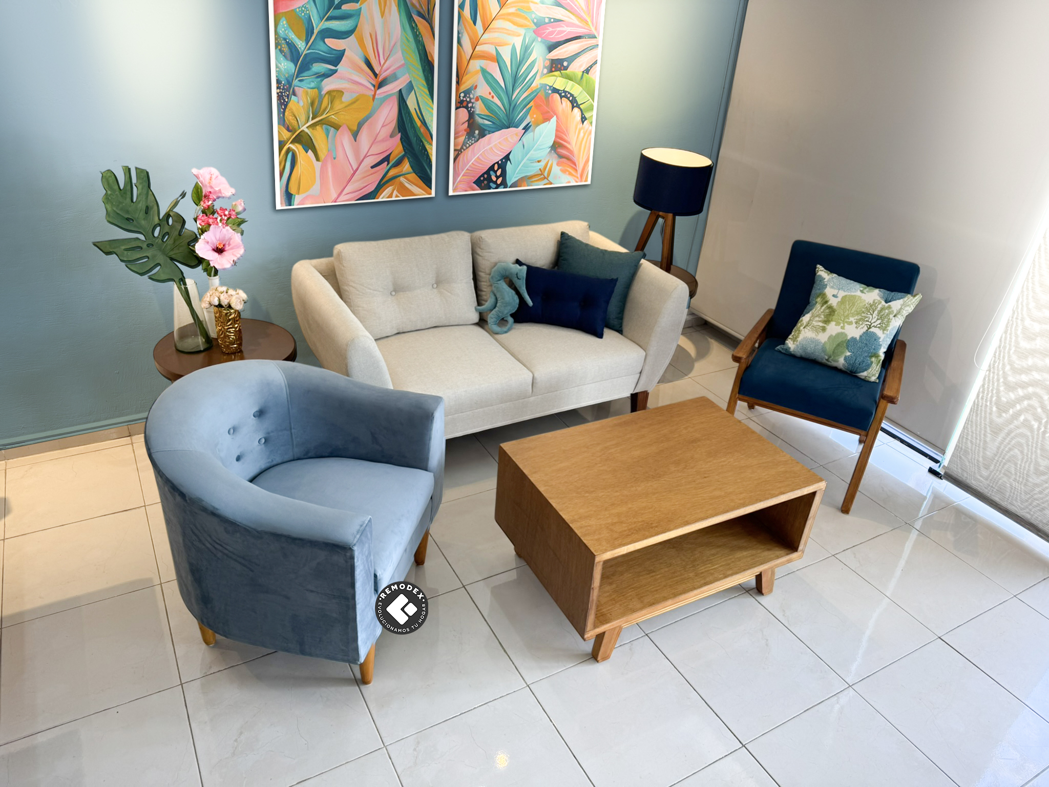 PAQUETE LOVE SEAT OVAL/SILLETA TIFFANY/SILLETA CH (PISSA BEIGE/TERCIOPELO AZUL/TERCIOPELO SKY)