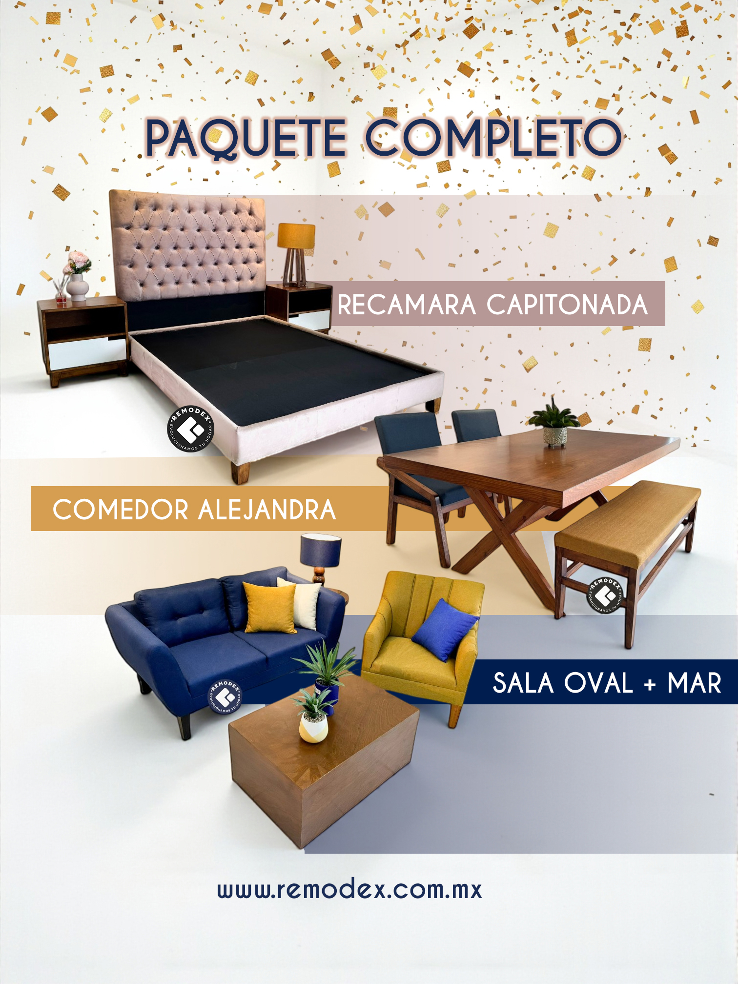 PAQUETE SALA + COMEDOR + RECAMARA - BASE + CABECERA CAPITN MATRIMONIAL + PAR DE BUROS + 2 SILLAS ALEJANDRA + MESA 4P CRUZ + BANCA LISA + LOVE SEAT OVAL + SILLETA MAR