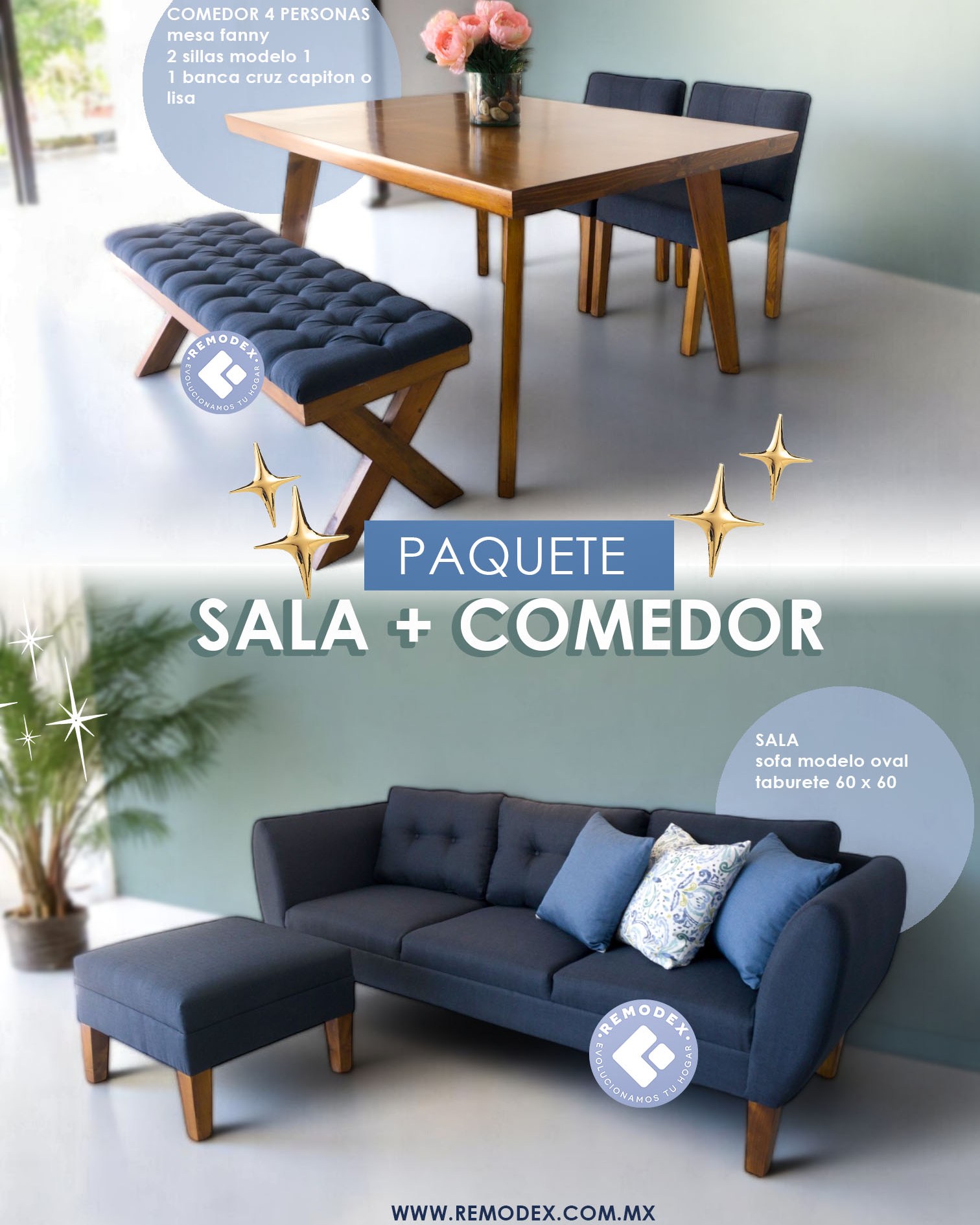 PAQUETE SOFÁ OVAL/TABURETE/COMEDOR 4P MOD.1/BANCA CAPITONADA